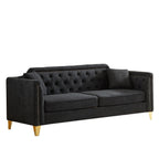 Canapé capitonné 3 places noir moderne en chenille de 61,5 pouces avec boutons, accoudoirs décorés de clous cuivrés et 2 coussins pour le salon
