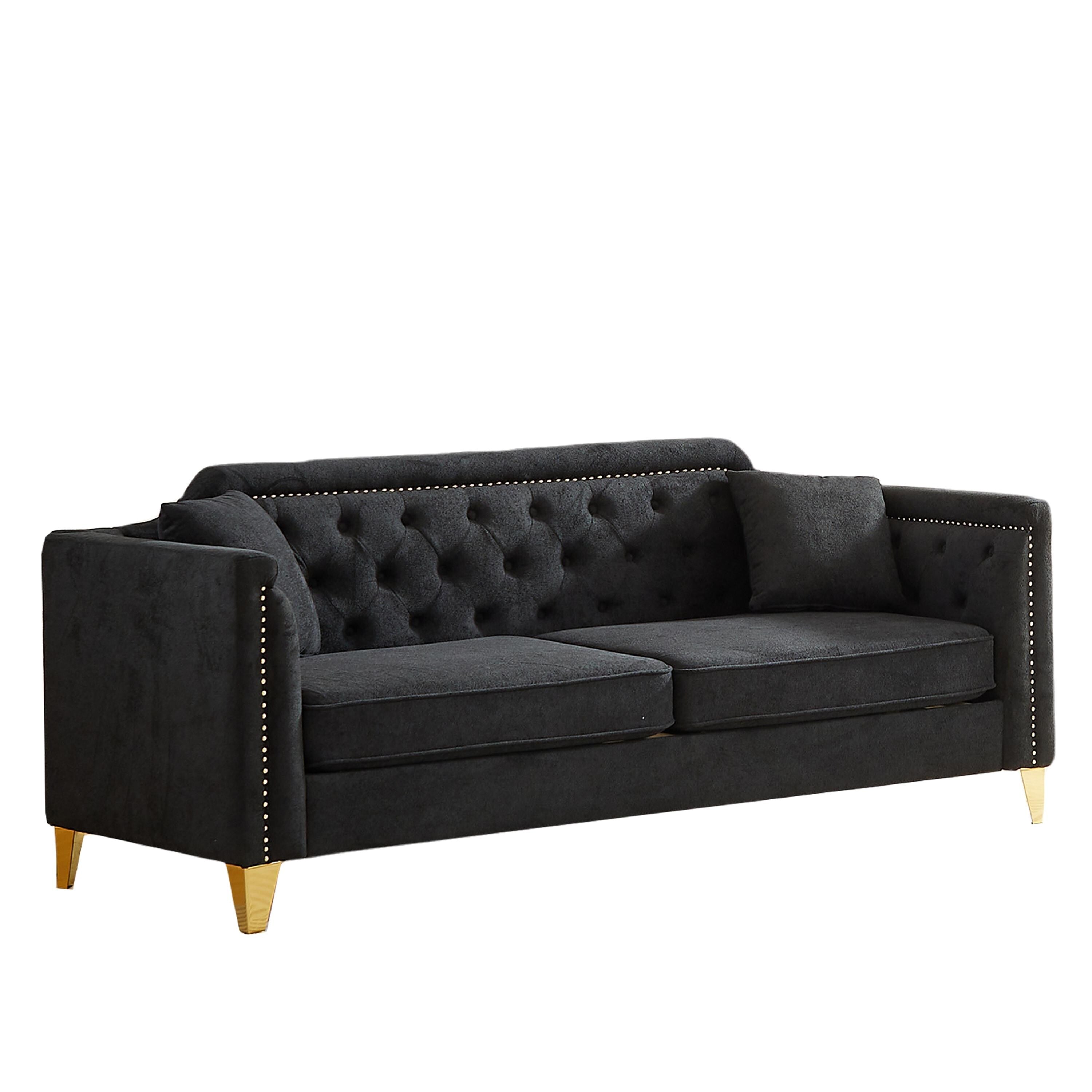 Canapé capitonné 3 places noir moderne en chenille de 61,5 pouces avec boutons, accoudoirs décorés de clous cuivrés et 2 coussins pour le salon