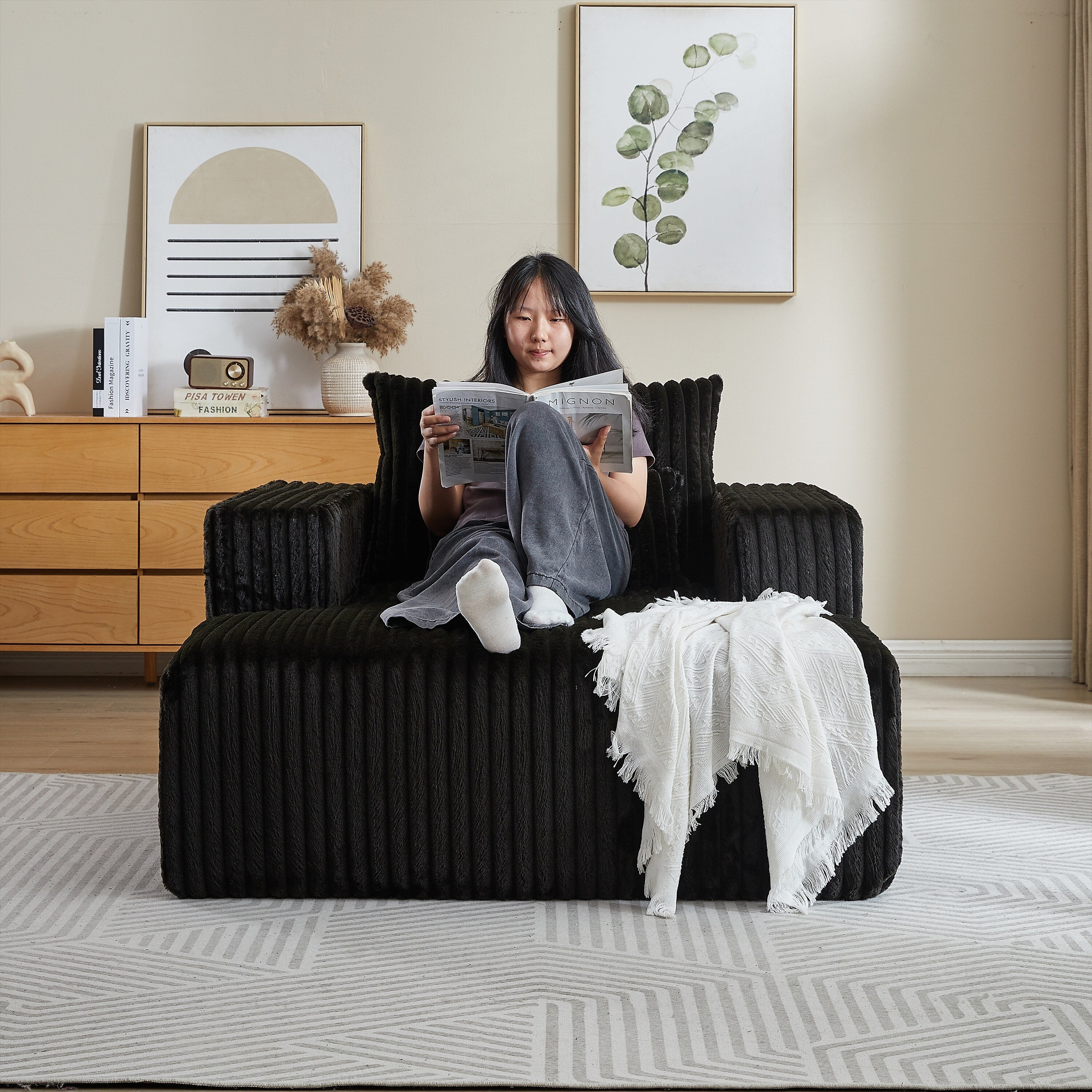 Fauteuil de salon moderne en velours côtelé noir 62,5" avec 2 coussins