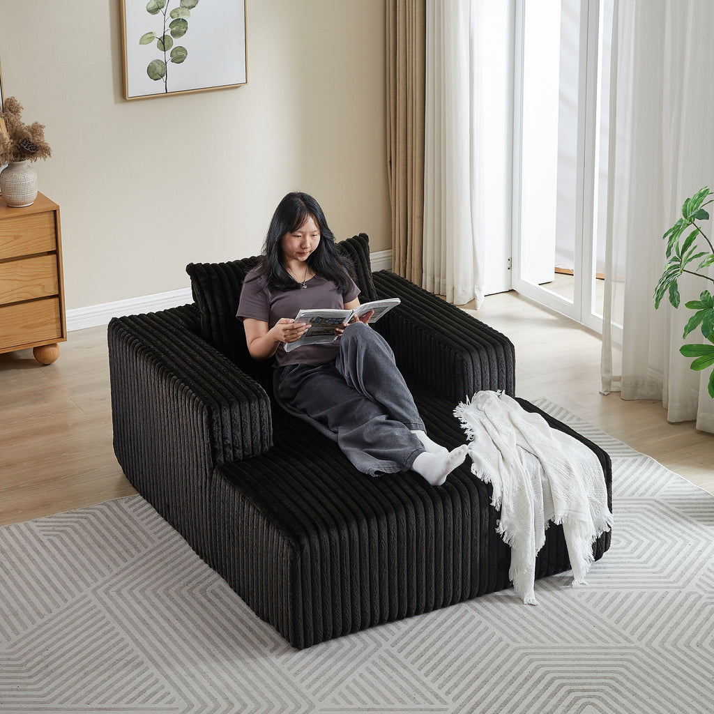 Fauteuil de salon moderne en velours côtelé noir 62,5" avec 2 coussins