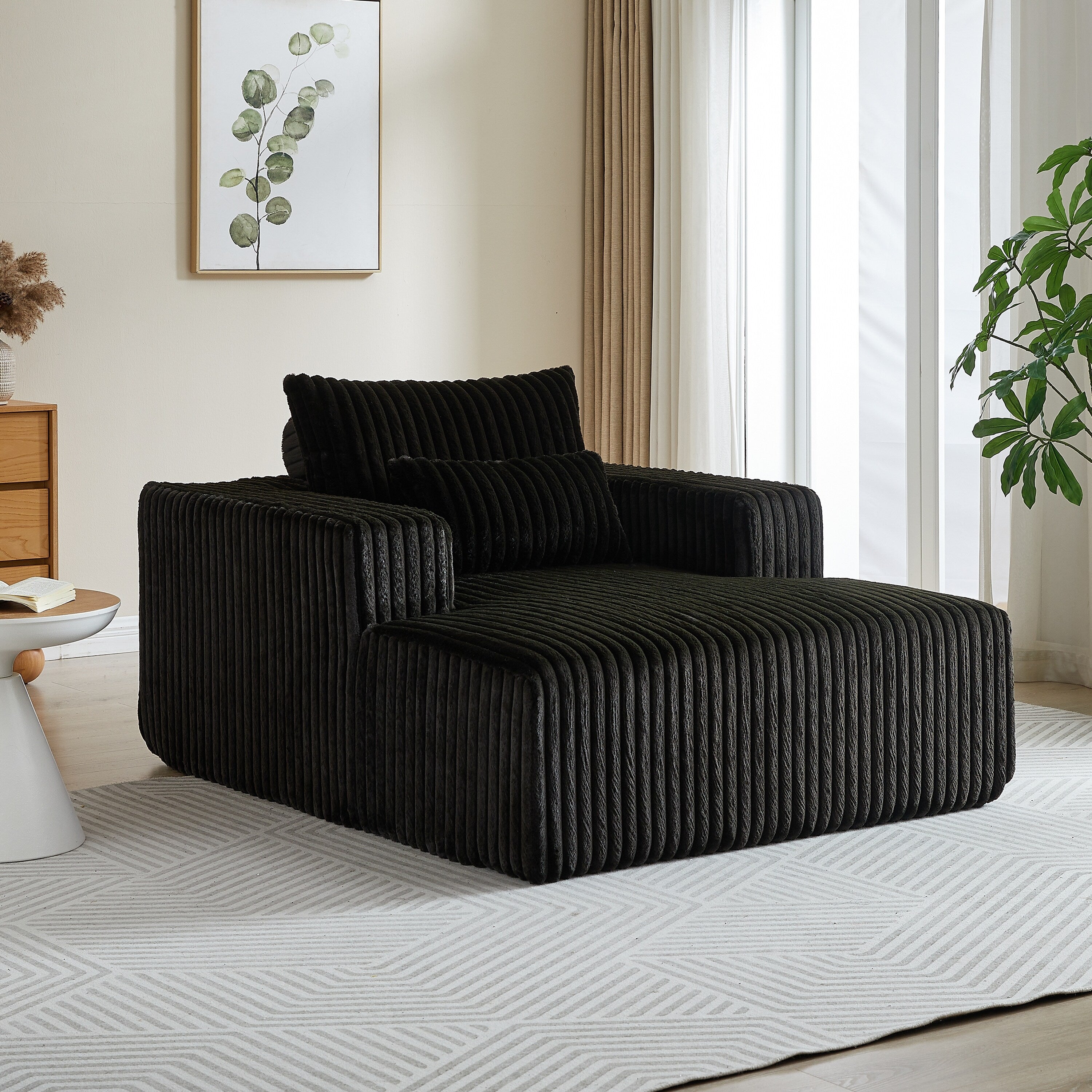 Fauteuil de salon moderne en velours côtelé noir 62,5" avec 2 coussins