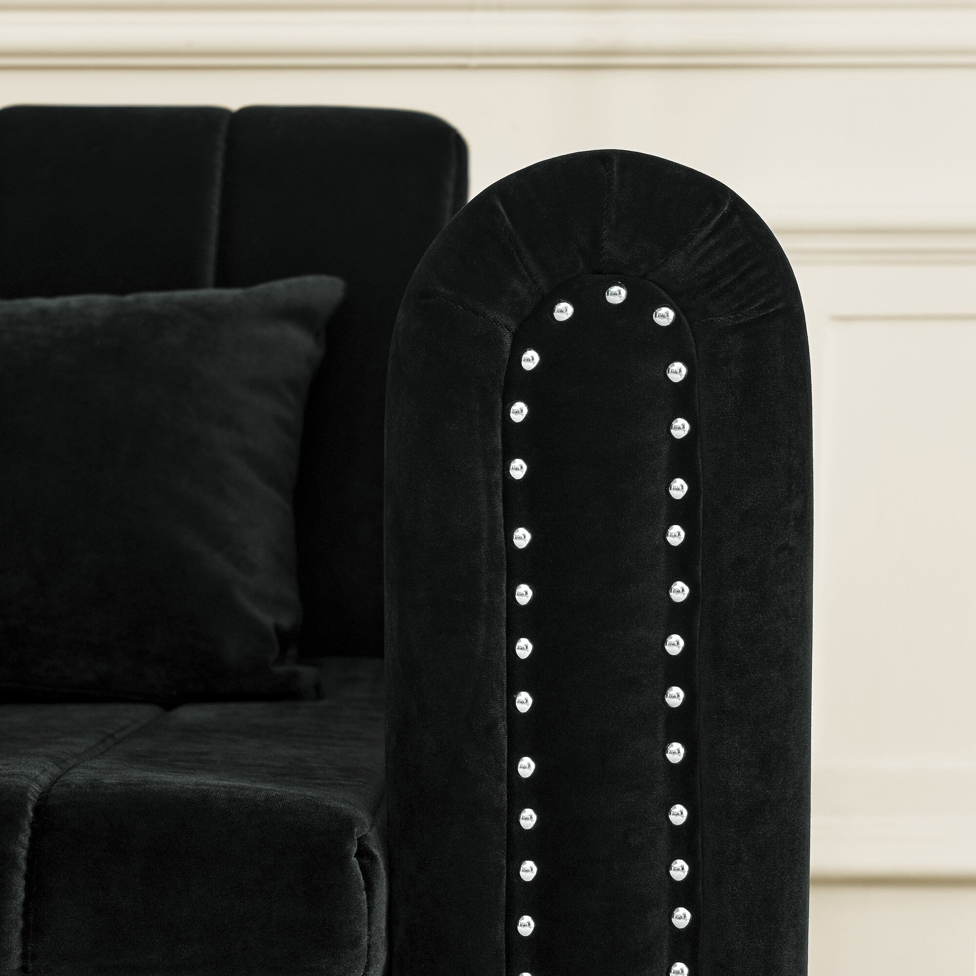 Canapé-lit gigogne 3 places 3 en 1 en mousse noire moderne 68 avec clous en cuivre et deux tiroirs