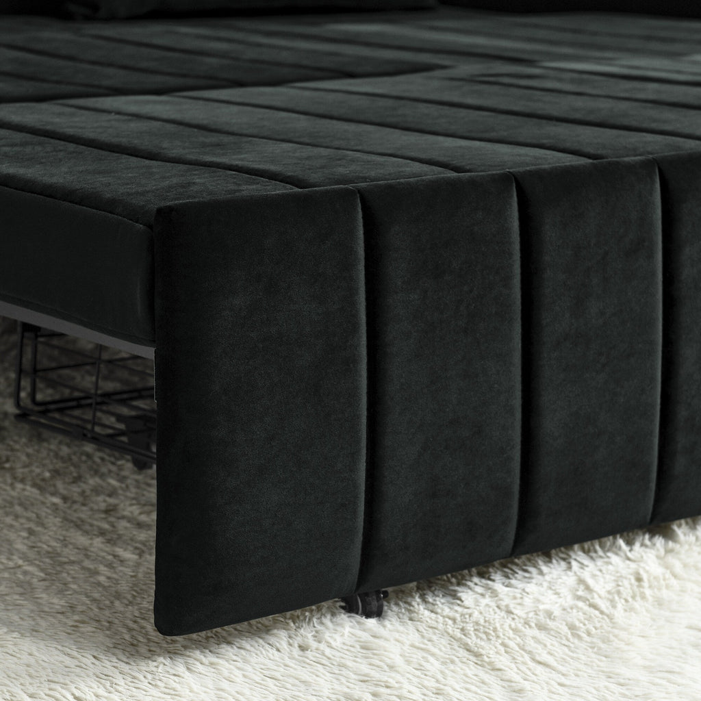 Canapé-lit gigogne 3 places 3 en 1 en mousse noire moderne 68 avec clous en cuivre et deux tiroirs