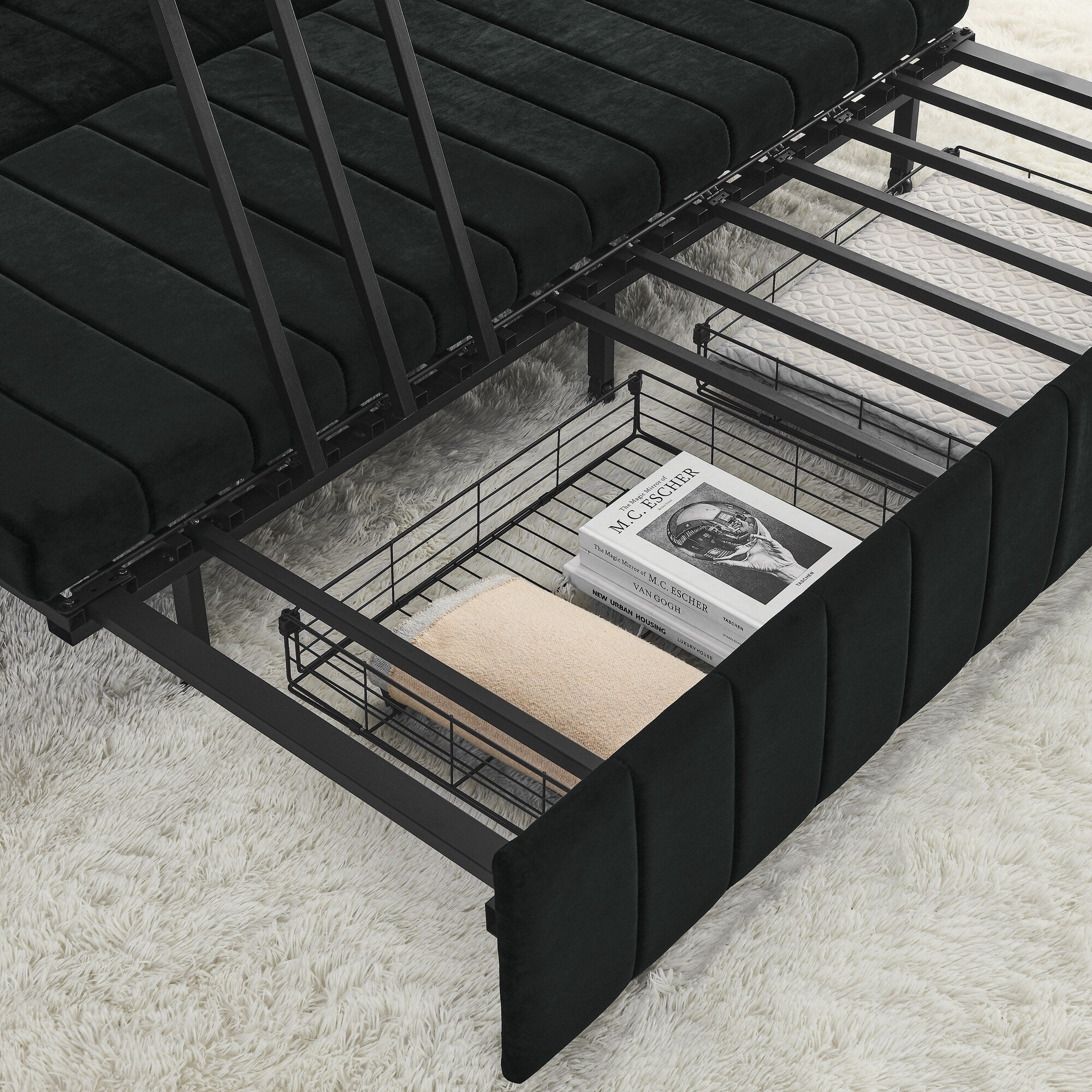 Canapé-lit gigogne 3 places 3 en 1 en mousse noire moderne 68 avec clous en cuivre et deux tiroirs