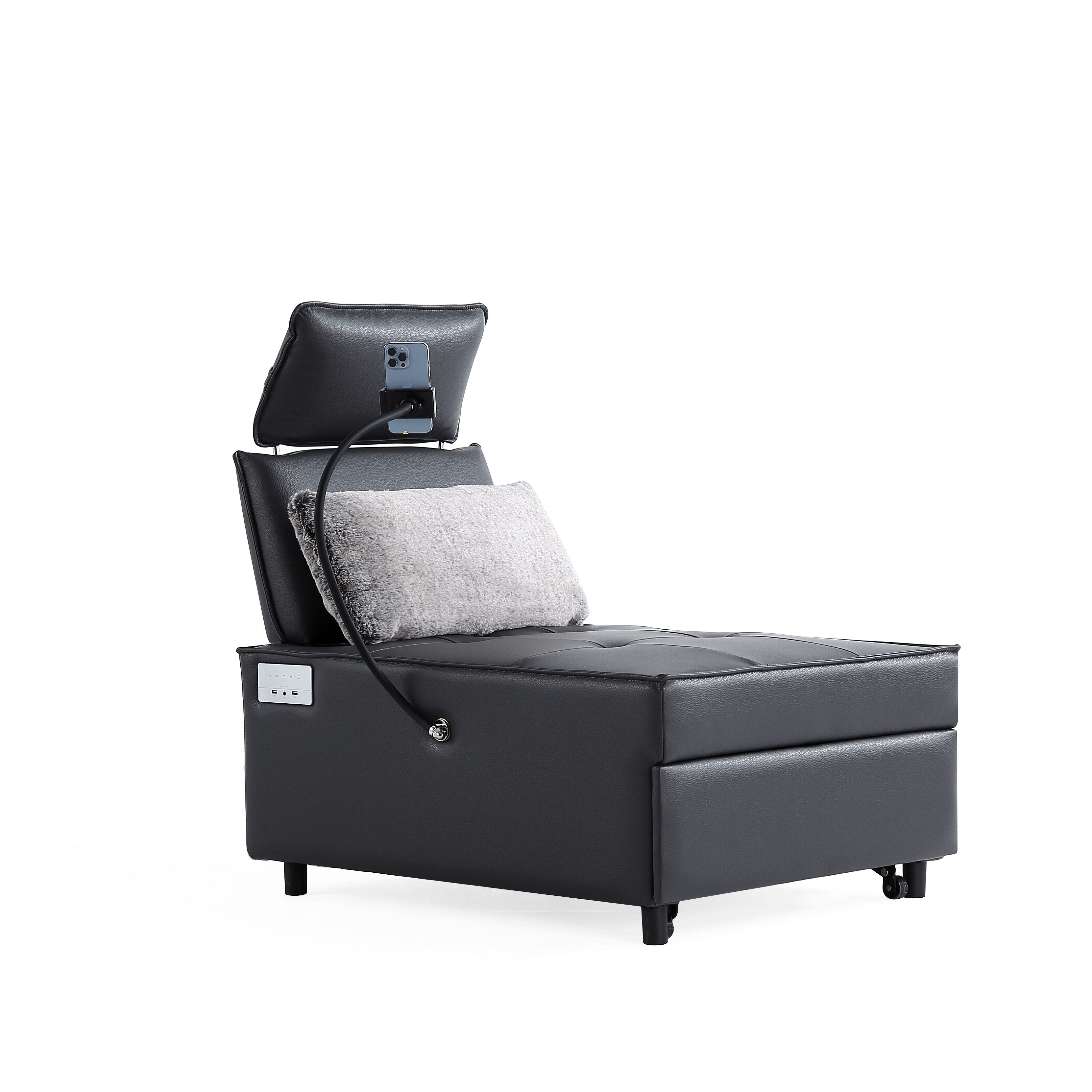 Canapé-lit Bluetooth 3 en 1 en cuir noir moderne 70.86 avec 2 ports USB et support pour téléphone