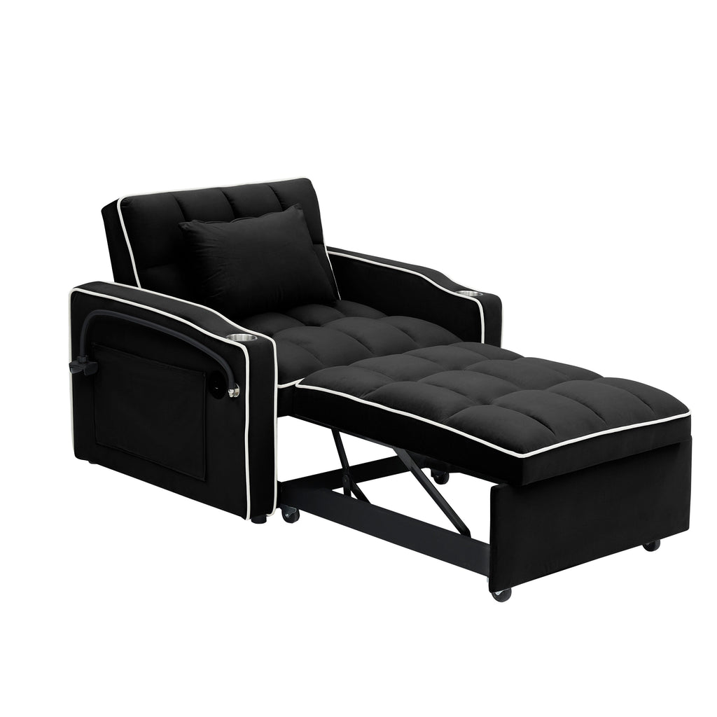 Canapé-lit convertible 3 en 1 noir moderne 70.86 avec dossier réglable et port de chargement USB pour salon