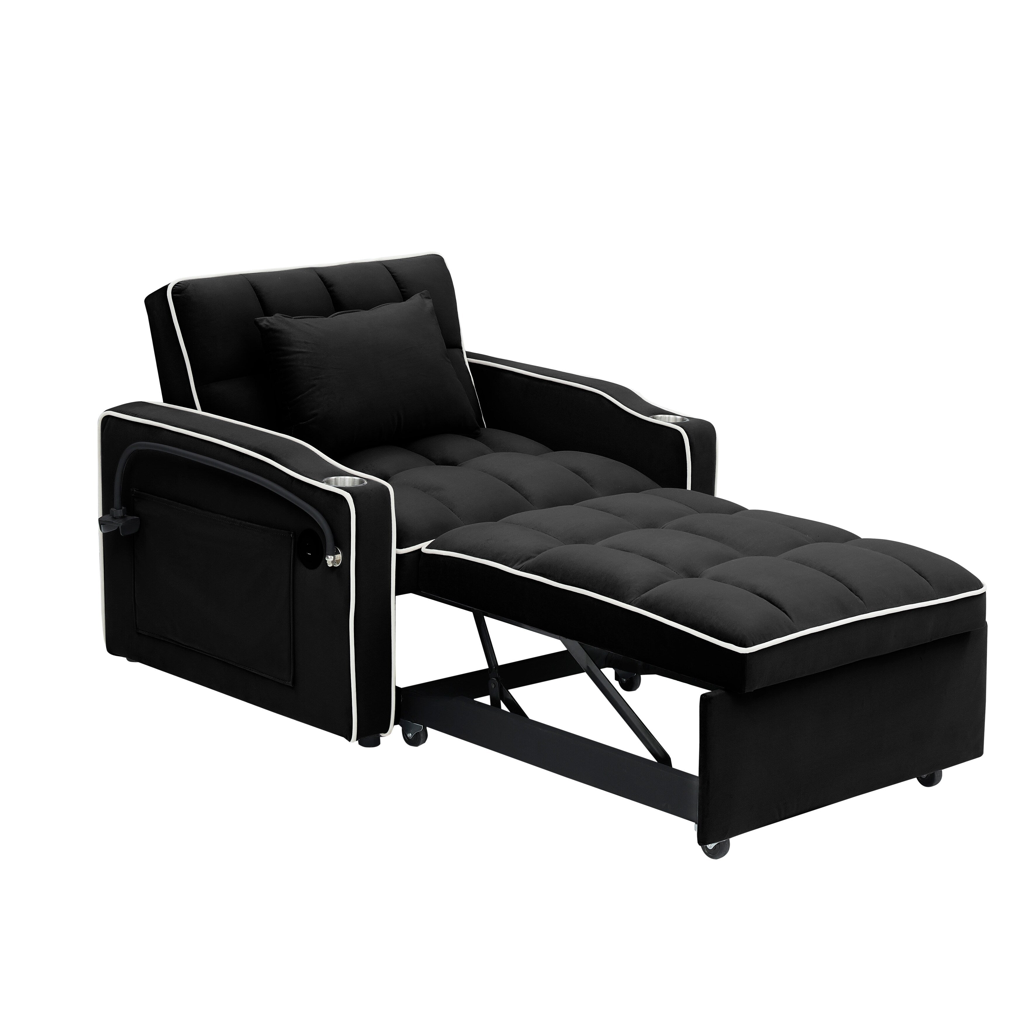 Canapé-lit convertible 3 en 1 noir moderne 70.86 avec dossier réglable et port de chargement USB pour salon