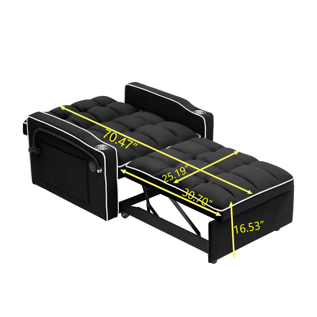 Canapé-lit convertible 3 en 1 noir moderne 70.86 avec dossier réglable et port de chargement USB pour salon