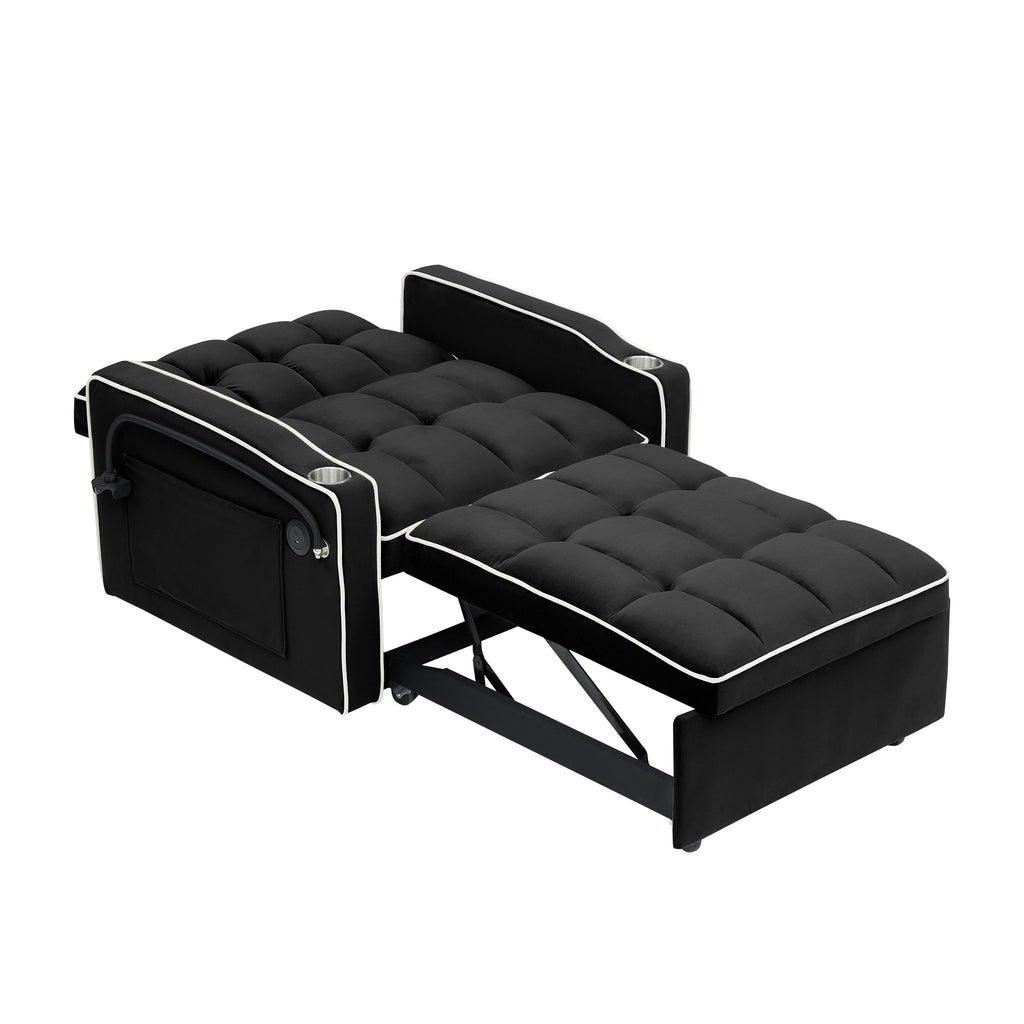 Canapé-lit convertible 3 en 1 noir moderne 70.86 avec dossier réglable et port de chargement USB pour salon