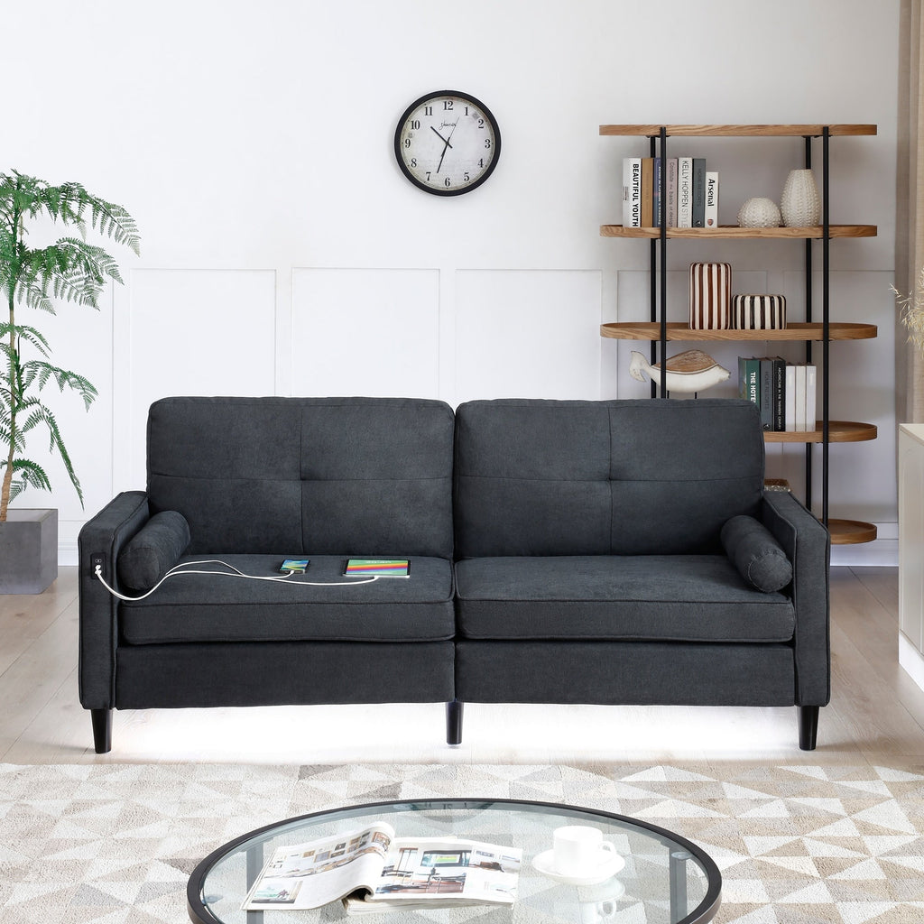 Canapé 3 places en lin noir moderne 75.2 avec éclairage LED et 2 ports USB pour le salon