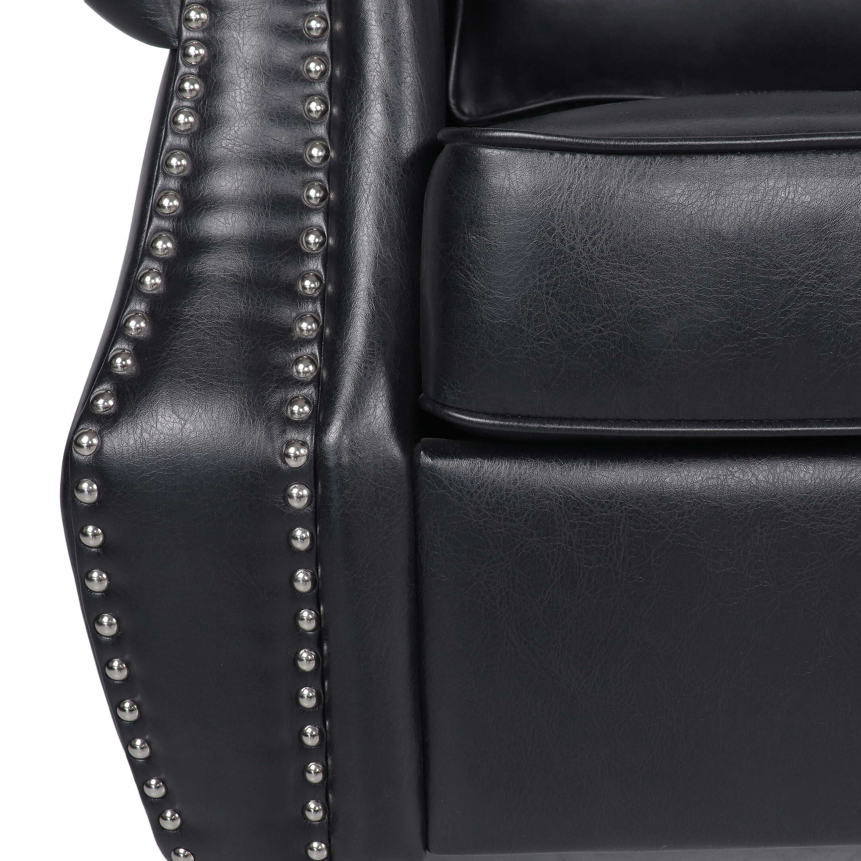 Canapé 3 places en similicuir noir moderne 80 avec pieds en bois de bouleau et clous décoratifs pour le salon