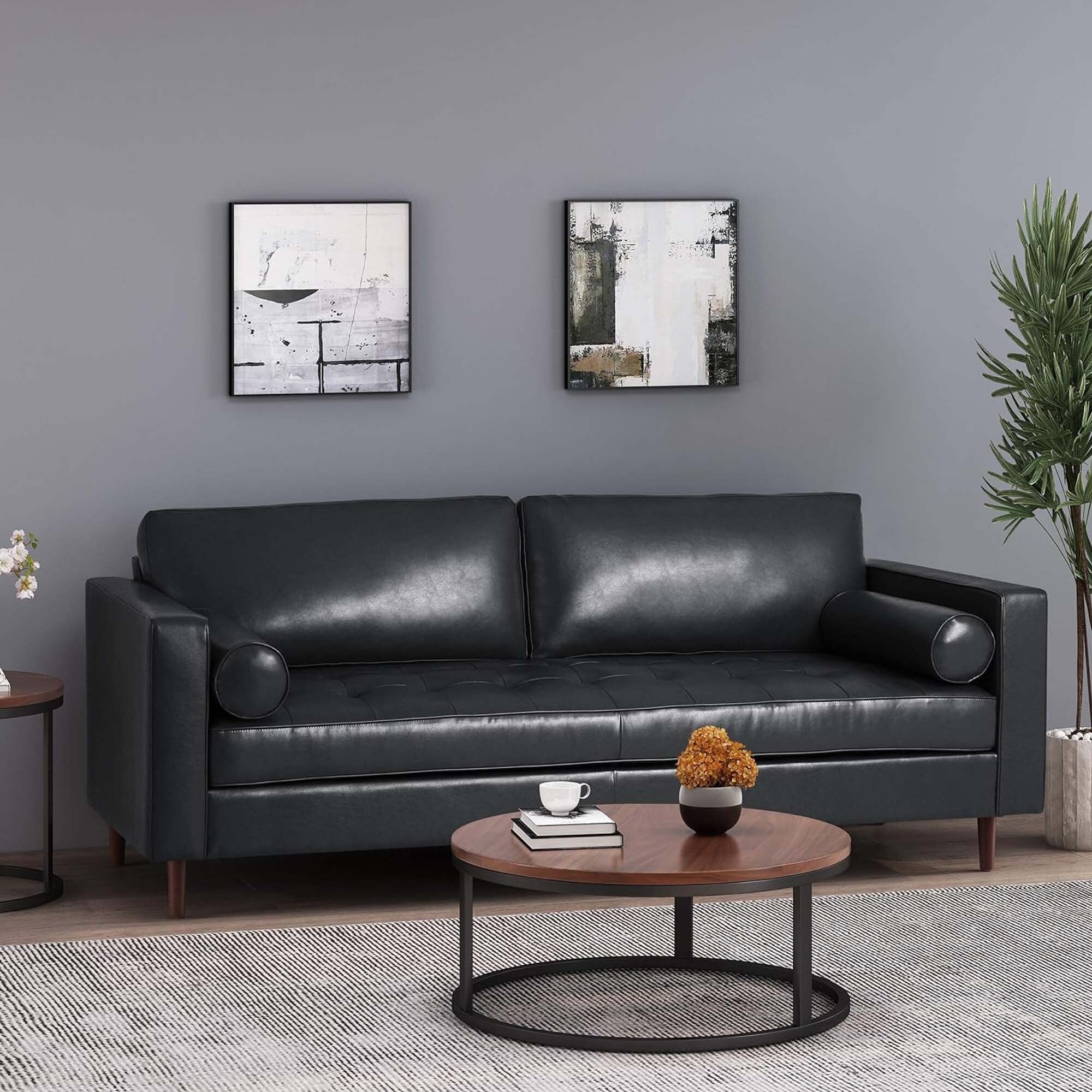 Canapé 3 places en similicuir noir moderne 82,25 avec pieds en bois pour salon