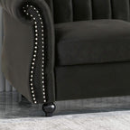 Canapé 3 places en velours noir moderne 84, avec accoudoirs roulés, capitonné et boutons, avec garniture cloutée et dossier incurvé pour le salon