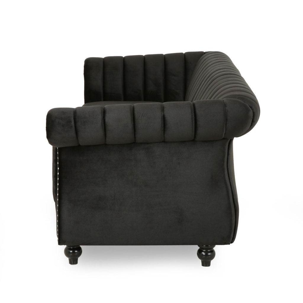 Canapé 3 places en velours noir moderne 84, avec accoudoirs roulés, capitonné et boutons, avec garniture cloutée et dossier incurvé pour le salon