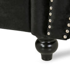 Canapé 3 places en velours noir moderne 84, avec accoudoirs roulés, capitonné et boutons, avec garniture cloutée et dossier incurvé pour le salon