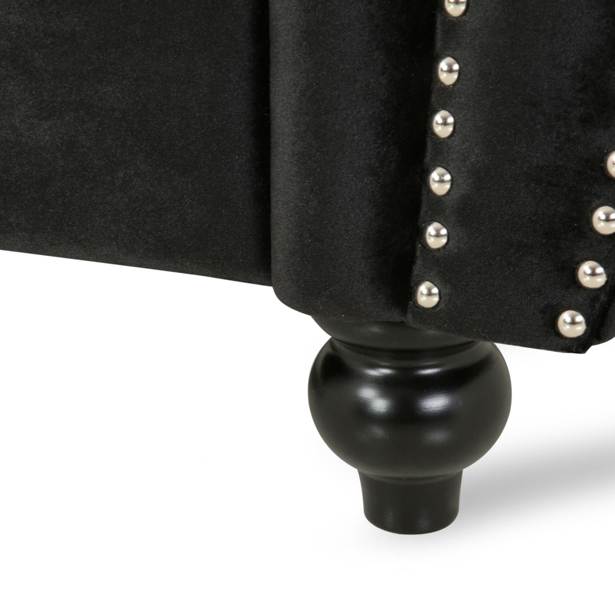 Canapé 3 places en velours noir moderne 84, avec accoudoirs roulés, capitonné et boutons, avec garniture cloutée et dossier incurvé pour le salon