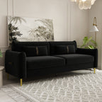 Canapé causeuse en velours noir moderne 85,43 pouces avec pieds et coussins dorés pour le salon
