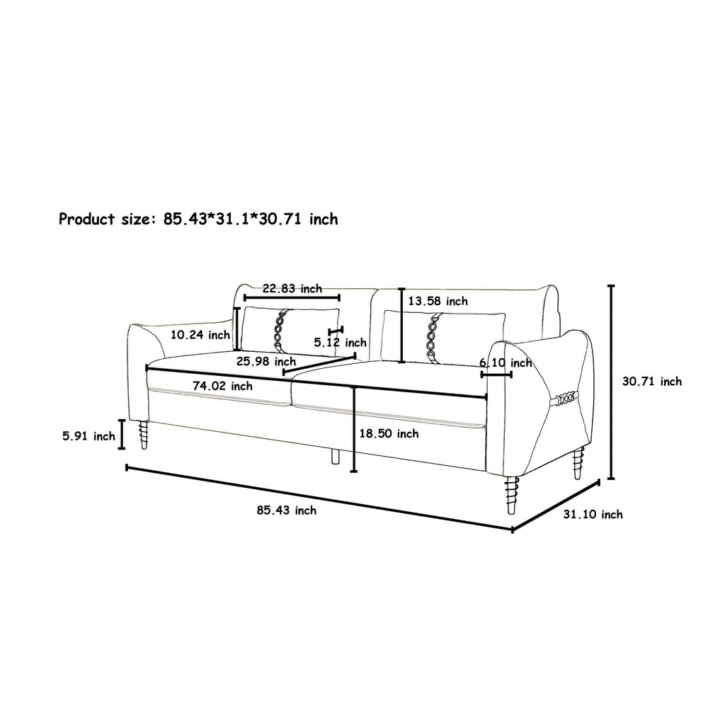Canapé causeuse en velours noir moderne 85,43 pouces avec pieds et coussins dorés pour le salon