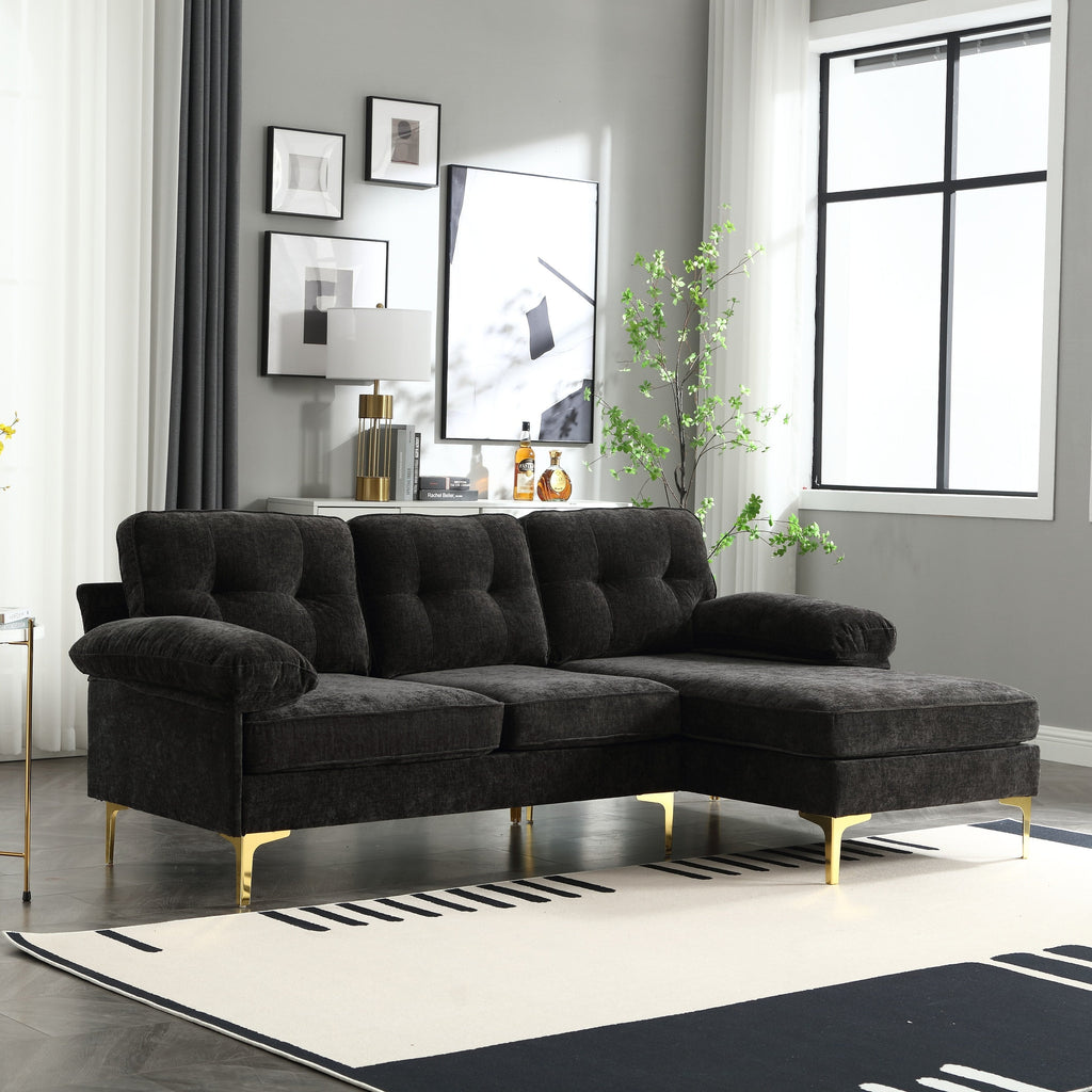 Canapé 3 places en L noir moderne de 85 pouces avec cadre en bois et coussins à ressorts