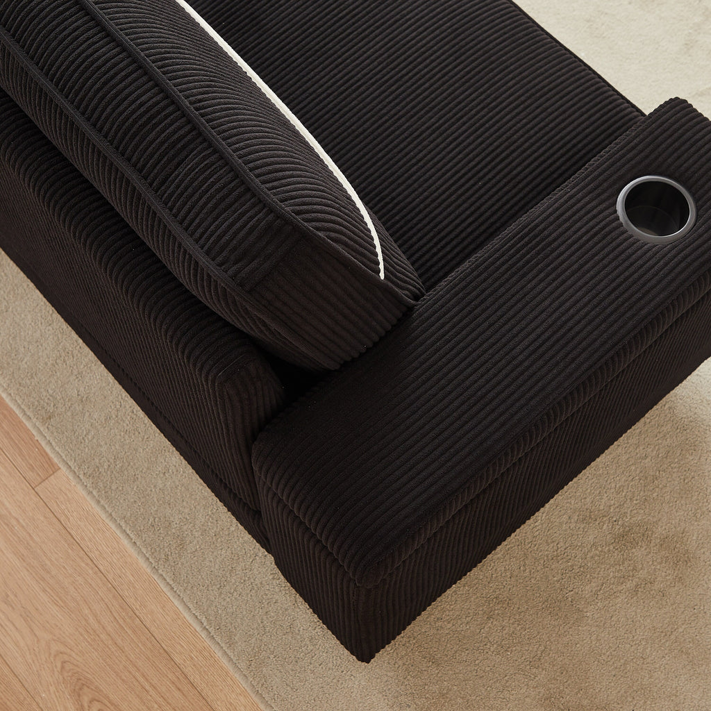 Canapé 3 places en velours côtelé noir moderne 86,5 avec deux espaces de rangement, ports de chargement USB et deux porte-gobelets