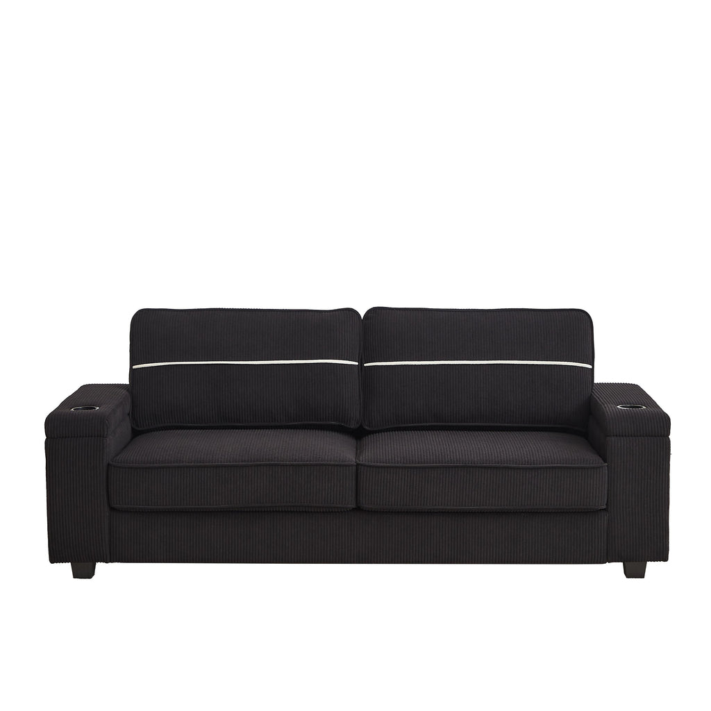Canapé 3 places en velours côtelé noir moderne 86,5 avec deux espaces de rangement, ports de chargement USB et deux porte-gobelets