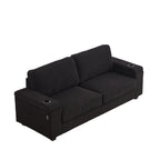 Canapé 3 places en velours côtelé noir moderne 86,5 avec deux espaces de rangement, ports de chargement USB et deux porte-gobelets
