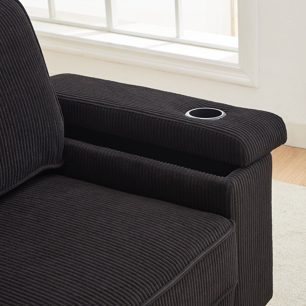 Canapé 3 places en velours côtelé noir moderne 86,5 avec deux espaces de rangement, ports de chargement USB et deux porte-gobelets
