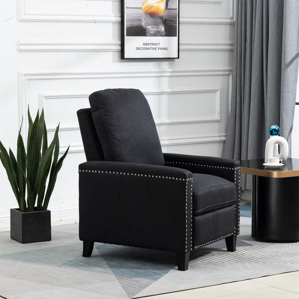 Fauteuil inclinable manuel moderne en velours noir avec coussins et décoration cloutée