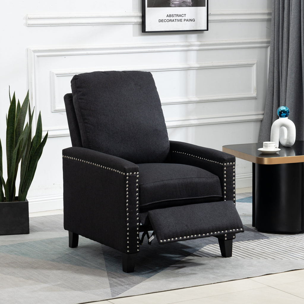 Fauteuil inclinable manuel moderne en velours noir avec coussins et décoration cloutée