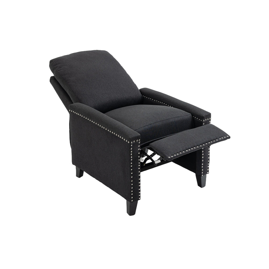 Fauteuil inclinable manuel moderne en velours noir avec coussins moelleux et repose-pieds, décoration cloutée