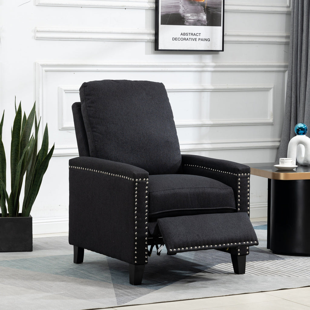 Fauteuil inclinable manuel moderne en velours noir avec coussins moelleux et repose-pieds, décoration cloutée
