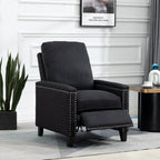Fauteuil inclinable manuel moderne en velours noir avec coussins moelleux et repose-pieds, décoration cloutée