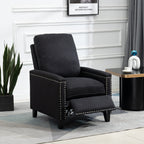 Fauteuil inclinable manuel moderne en velours noir avec coussins moelleux et repose-pieds, décoration cloutée