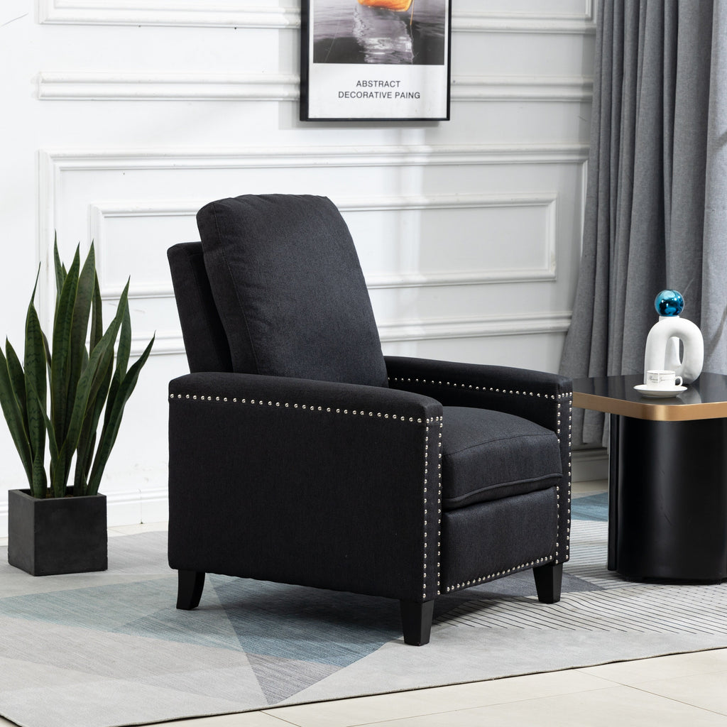 Fauteuil inclinable manuel moderne en velours noir avec coussins moelleux et repose-pieds, décoration cloutée