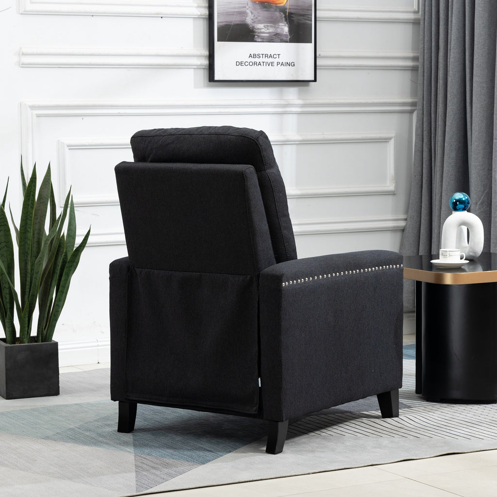 Fauteuil inclinable manuel moderne en velours noir avec coussins moelleux et repose-pieds, décoration cloutée