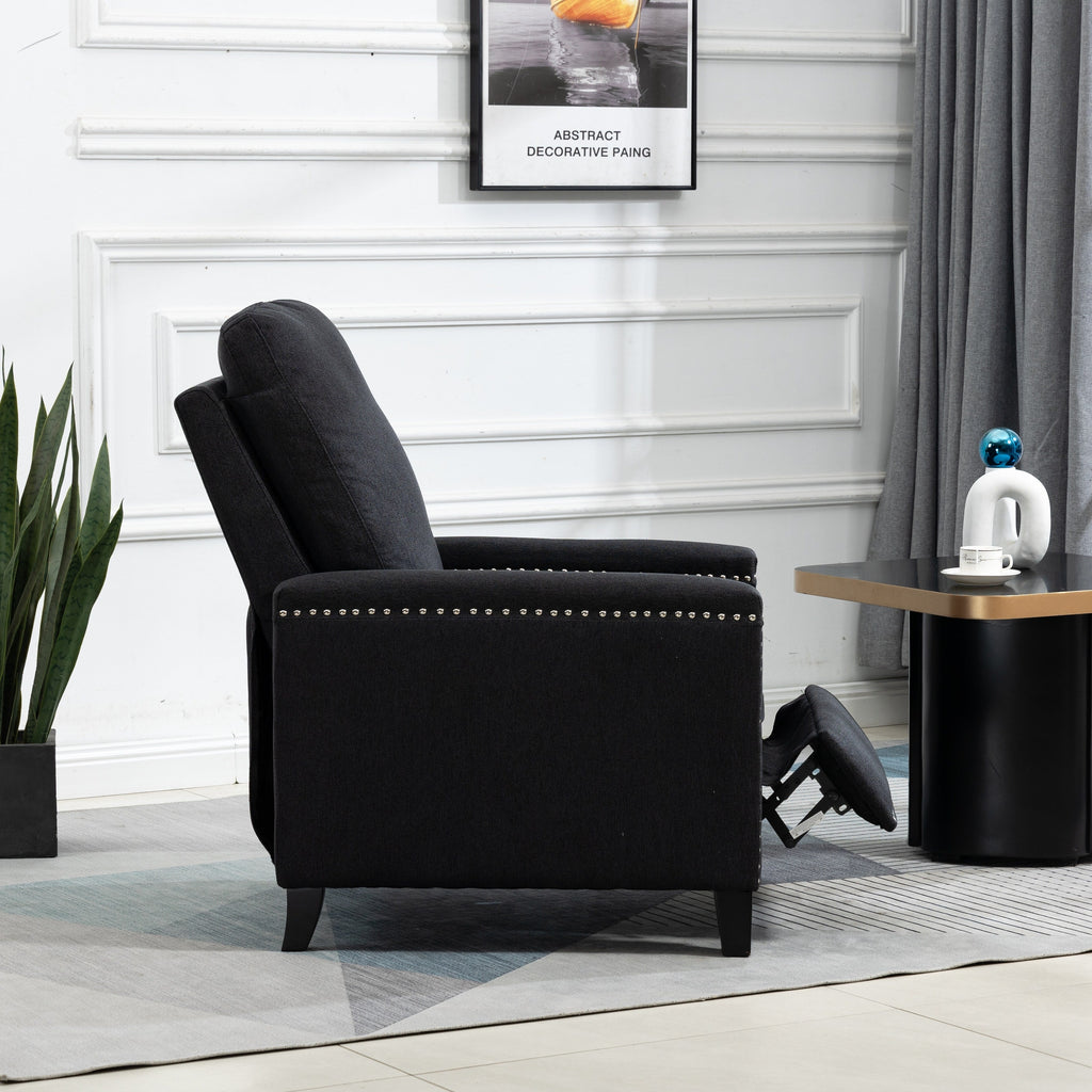 Fauteuil inclinable manuel moderne en velours noir avec coussins moelleux et repose-pieds, décoration cloutée