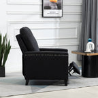 Fauteuil inclinable manuel moderne en velours noir avec coussins moelleux et repose-pieds, décoration cloutée