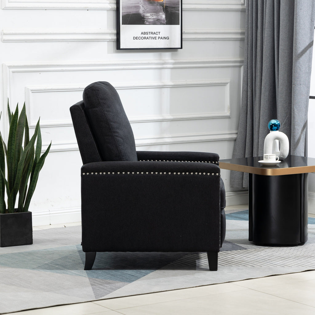 Fauteuil inclinable manuel moderne en velours noir avec coussins moelleux et repose-pieds, décoration cloutée