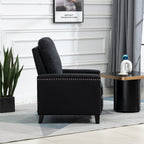 Fauteuil inclinable manuel moderne en velours noir avec coussins moelleux et repose-pieds, décoration cloutée