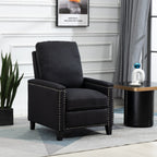 Fauteuil inclinable manuel moderne en velours noir avec coussins moelleux et repose-pieds, décoration cloutée