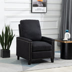 Fauteuil inclinable manuel moderne en velours noir avec coussins moelleux et repose-pieds, décoration cloutée