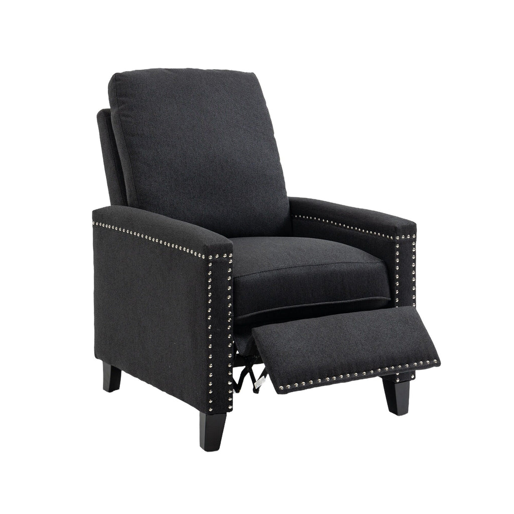 Fauteuil inclinable manuel moderne en velours noir avec coussins moelleux et repose-pieds, décoration cloutée