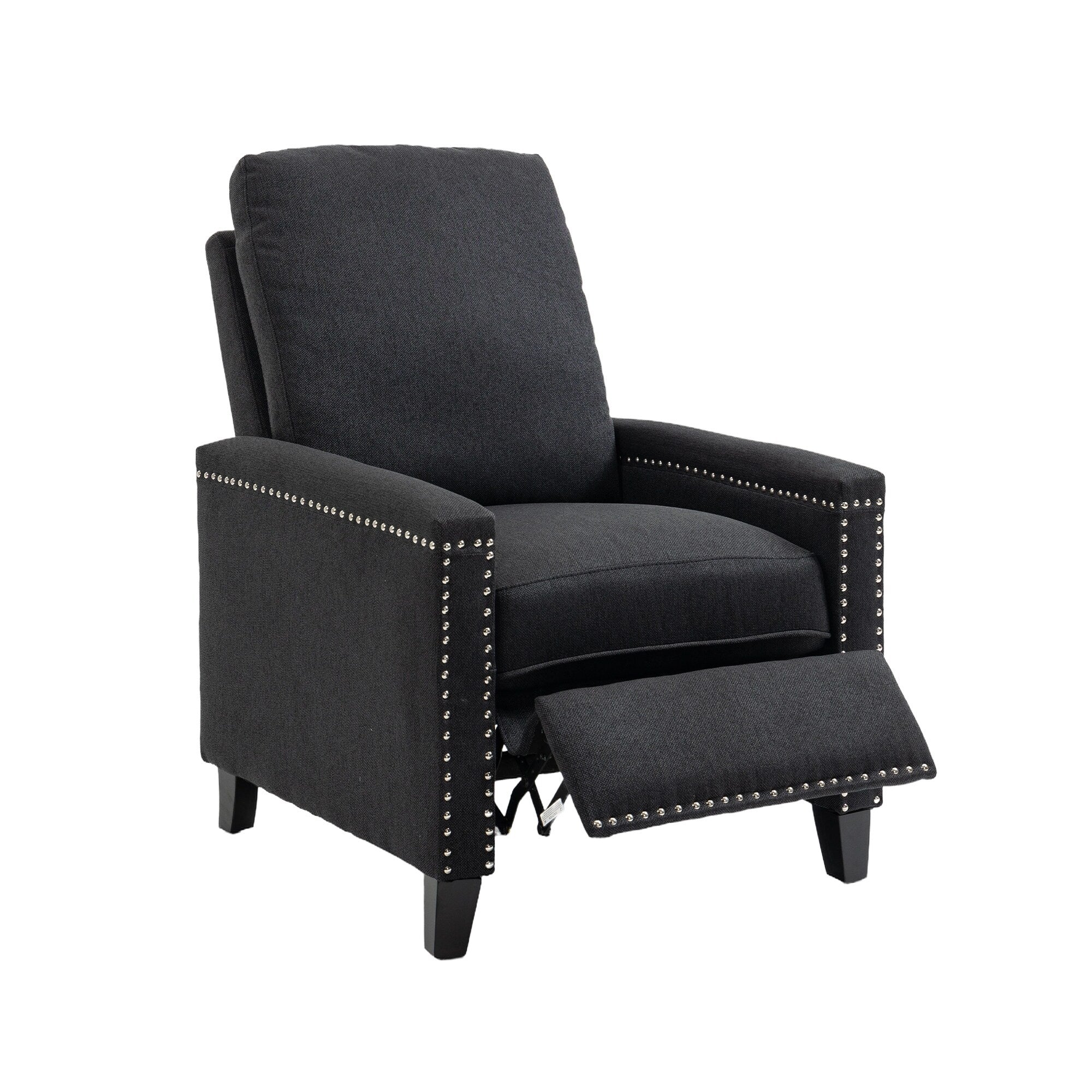 Fauteuil inclinable manuel moderne en velours noir avec coussins moelleux et repose-pieds, décoration cloutée