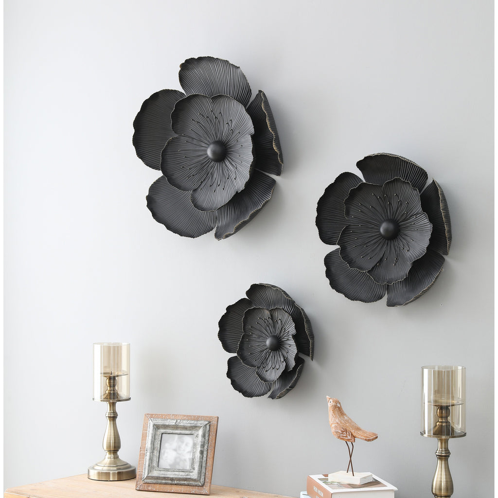 Décoration murale en métal gris foncé avec fleurs dorées de différentes tailles (lot de 3)