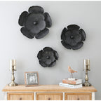 Décoration murale en métal gris foncé avec fleurs dorées de différentes tailles (lot de 3)