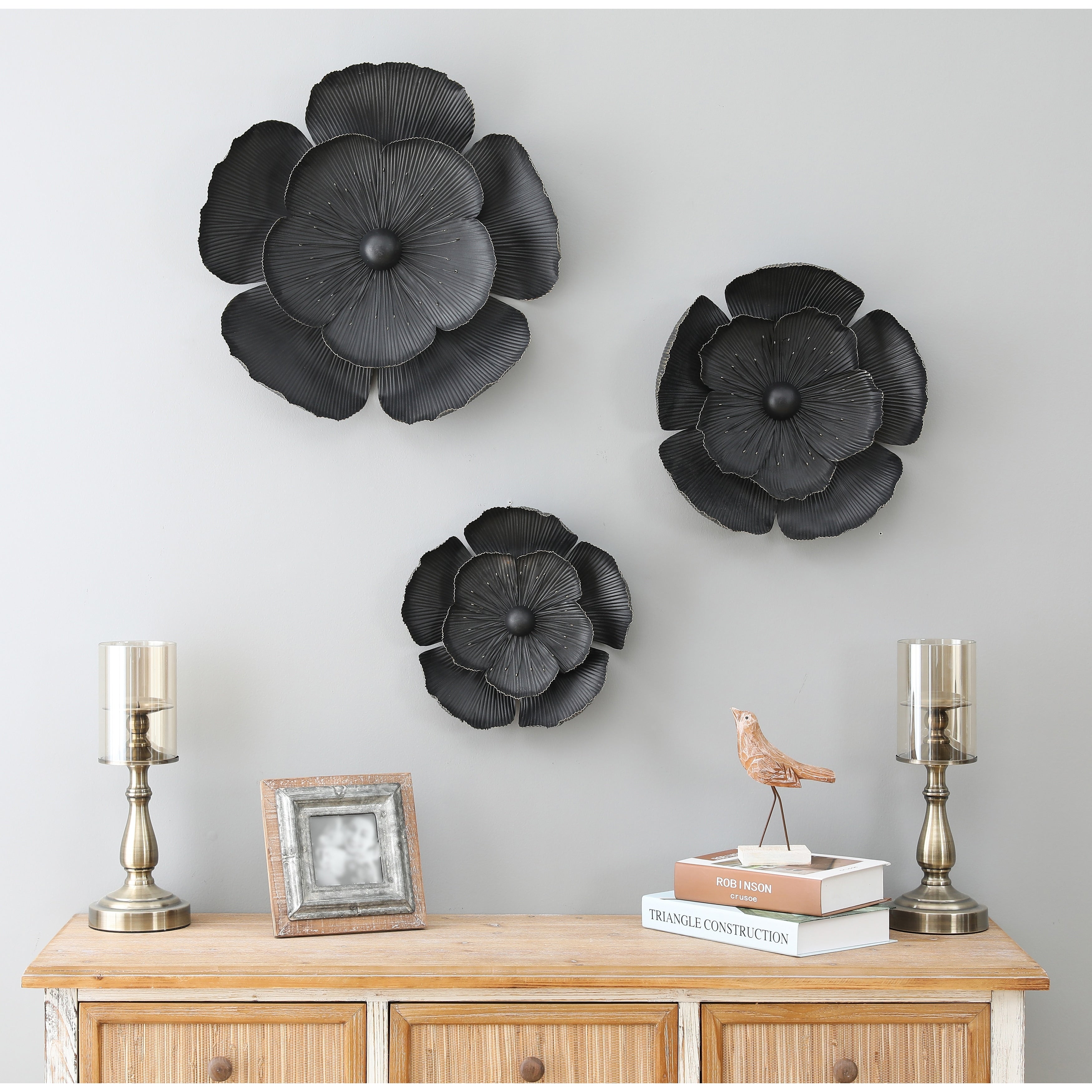 Décoration murale en métal gris foncé avec fleurs dorées de différentes tailles (lot de 3)