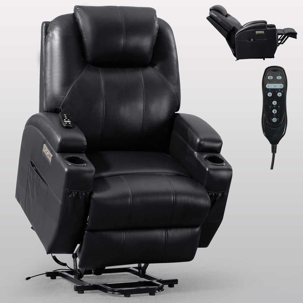 Fauteuil inclinable motorisé Okin noir avec massage par vibration à 8 points, chauffage lombaire, deux porte-gobelets et ports USB