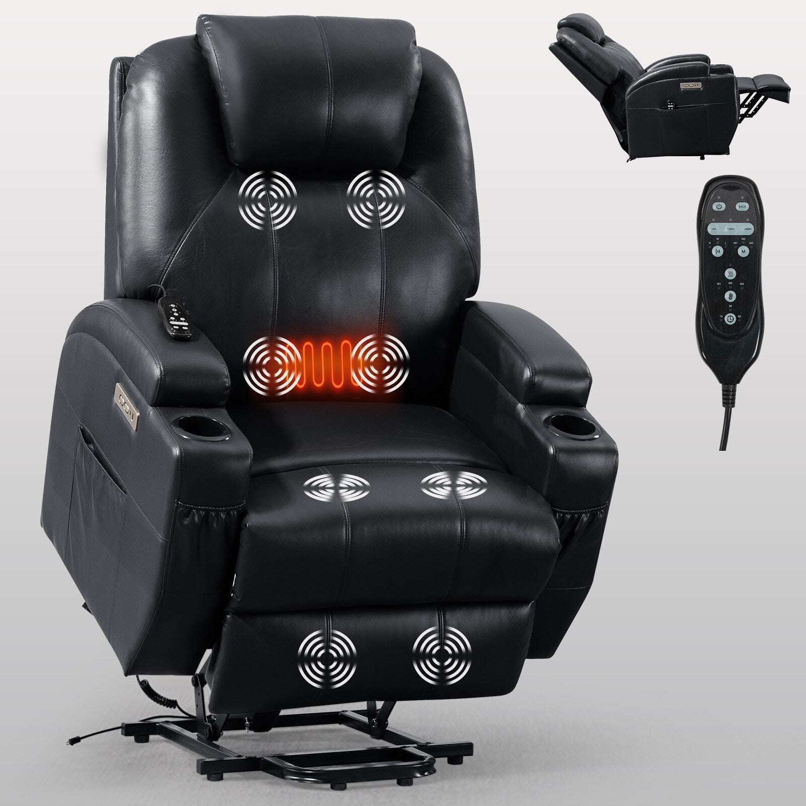 Fauteuil inclinable motorisé Okin noir avec massage par vibration à 8 points, chauffage lombaire, deux porte-gobelets et ports USB