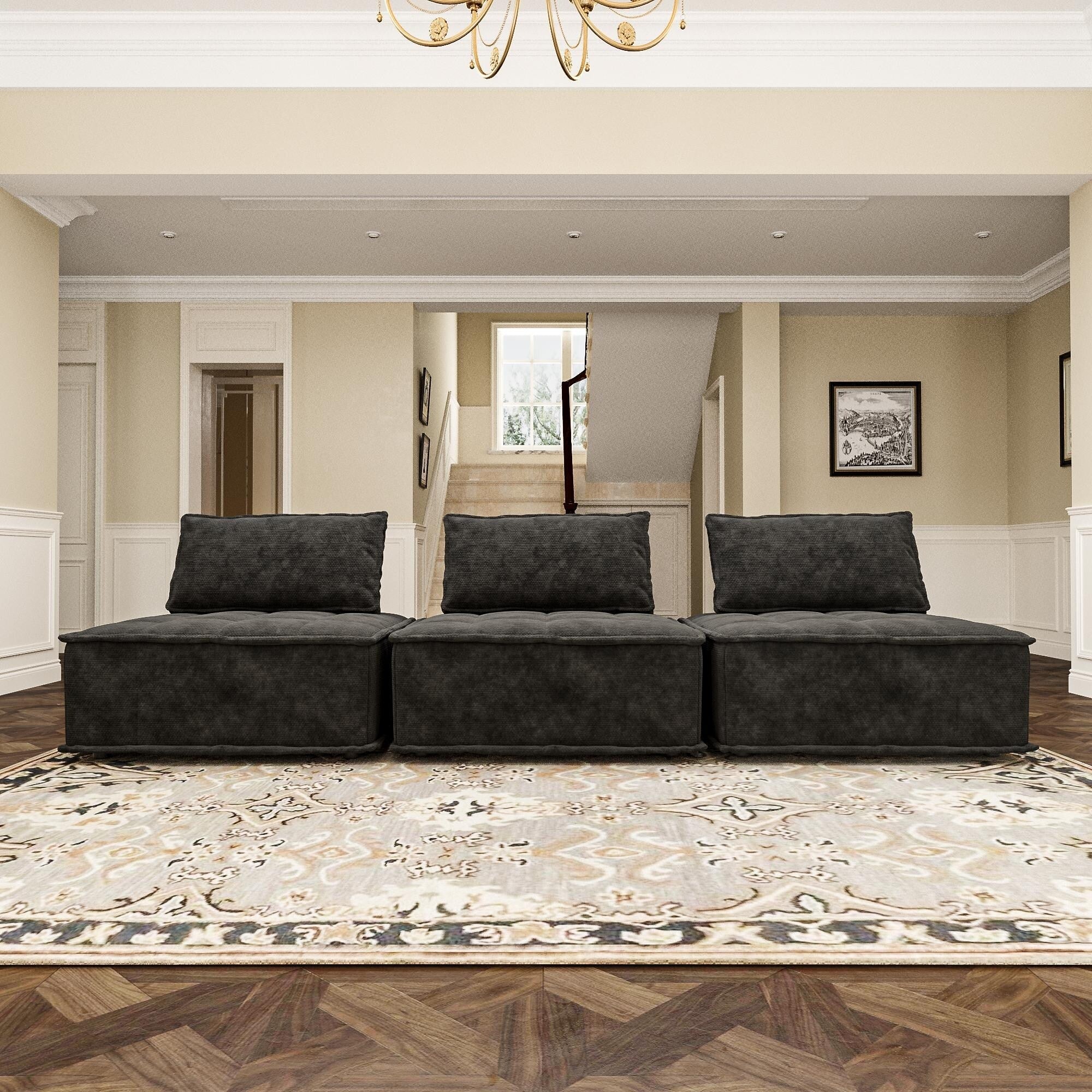 Ensemble de canapés modulaires carrés surdimensionnés en chenille noire, 3 pièces, avec coussins en mousse haute densité, combinaison libre