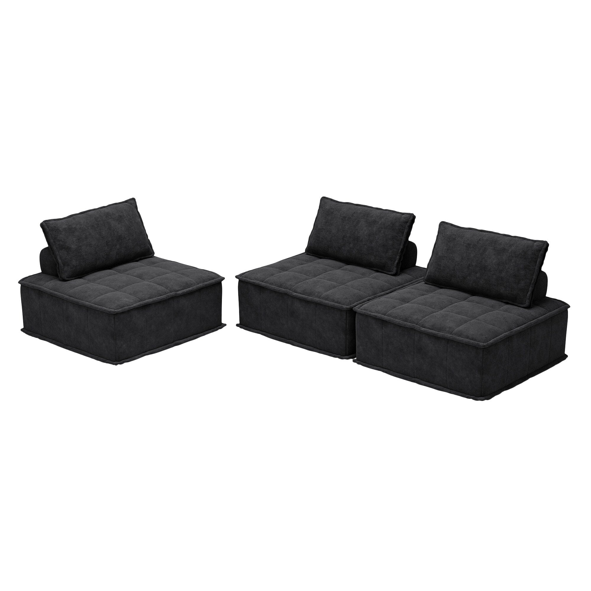 Ensemble de canapés modulaires carrés surdimensionnés en chenille noire, 3 pièces, avec coussins en mousse haute densité, combinaison libre